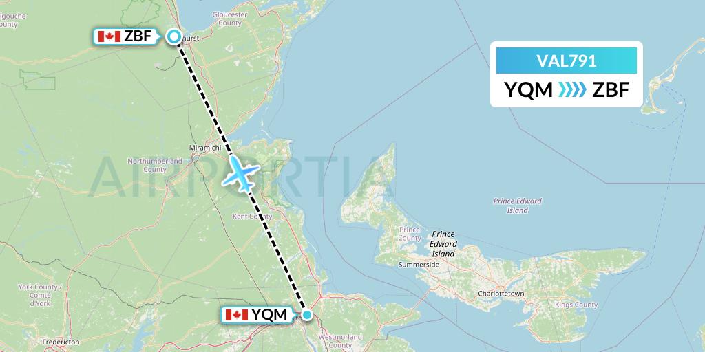 VAL791 Voyageur Airlines Flight Map: Moncton to Bathurst