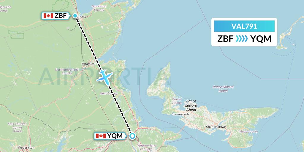VAL791 Voyageur Airlines Flight Map: Bathurst to Moncton