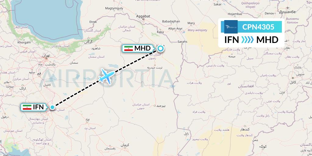 CPN4305 Caspian Airlines Flight Map: Isfahan to Mashhad
