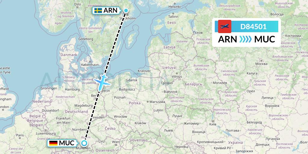 D84501 Norwegian Air International Flight Map: Stockholm to Munich