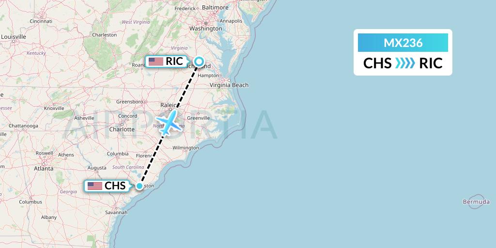 MX236 Breeze Airways Flight Map: Charleston to Richmond
