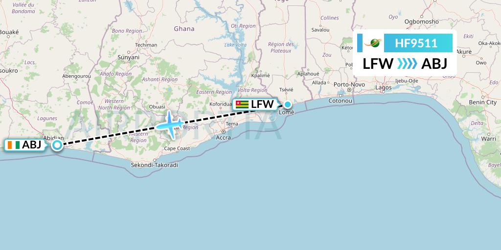 HF9511 Air Cote d'Ivoire Flight Map: Lome to Abidjan