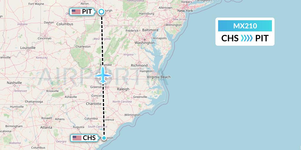 MX210 Breeze Airways Flight Map: Charleston to Pittsburgh