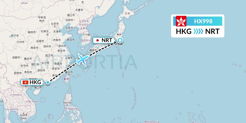 HX998 Hong Kong Airlines Flight Map: Hong Kong to Tokyo