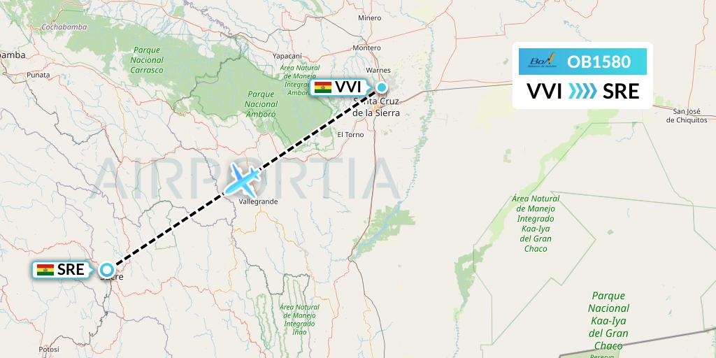 OB1580 Boliviana de Aviacion Flight Map: Santa Cruz to Sucre