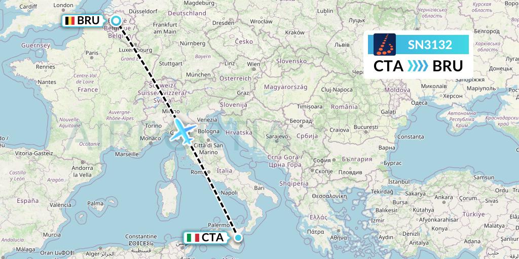 SN3132 Brussels Airlines Flight Map: Catania to Brussels