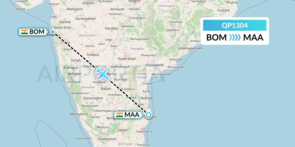 QP1304 Akasa Air Flight Map: Mumbai to Chennai