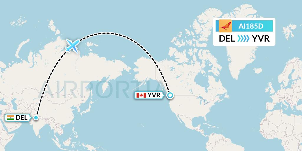 AI185D Air India Flight Map: Delhi to Vancouver