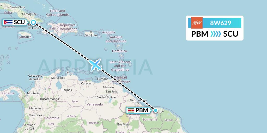 8W629 Fly AllWays Flight Map: Paramaribo to Santiago de Cuba