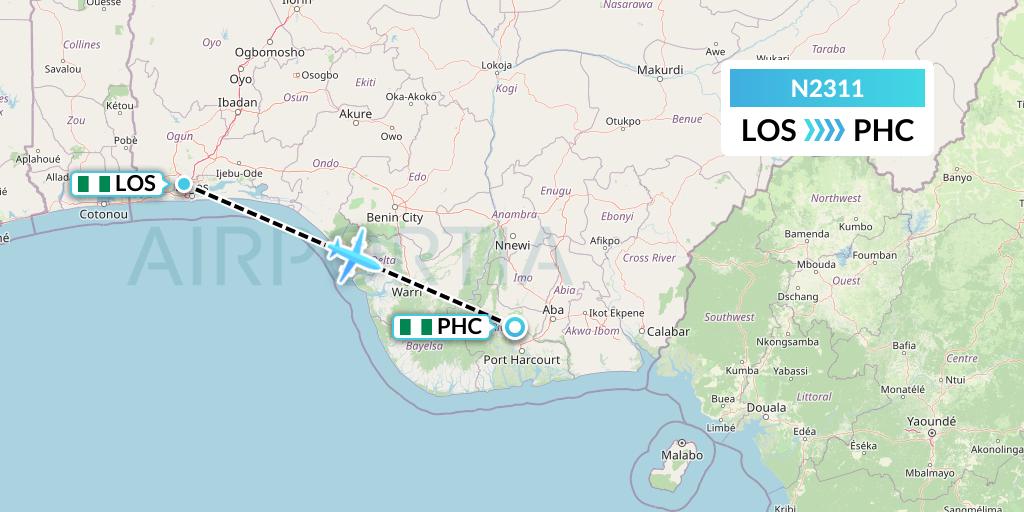 N2311 Aero Contractors Company Of Nigeria Flight Map: Lagos to Port Harcourt