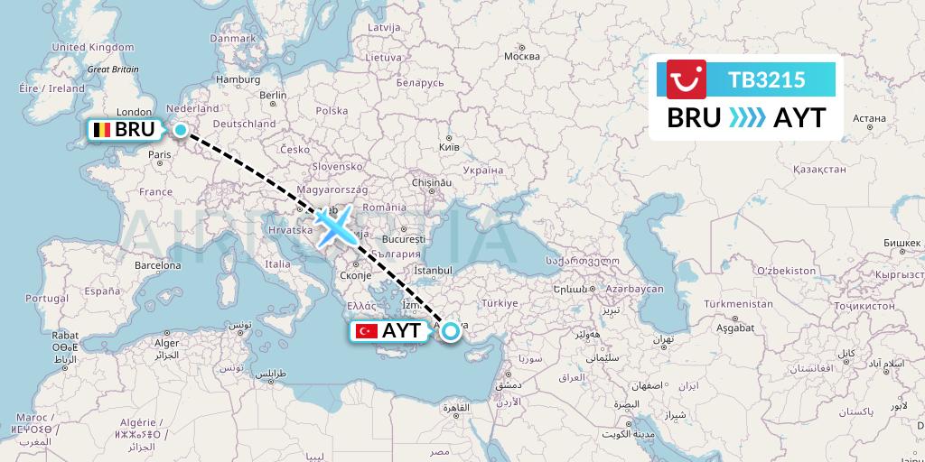 TB3215 TUI fly Belgium Flight Map: Brussels to Antalya