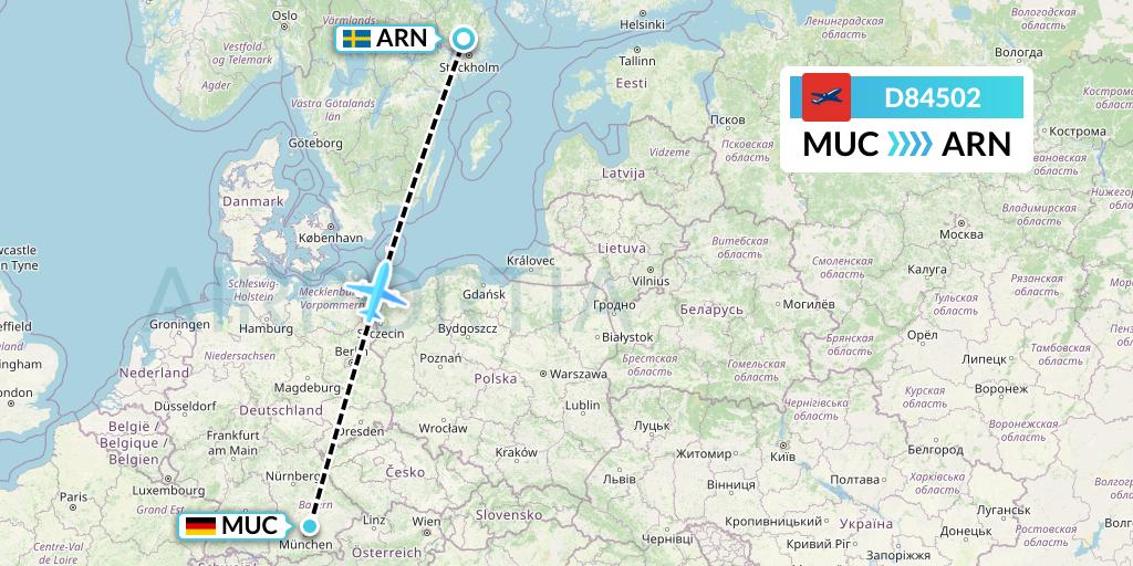 D84502 Norwegian Air International Flight Map: Munich to Stockholm