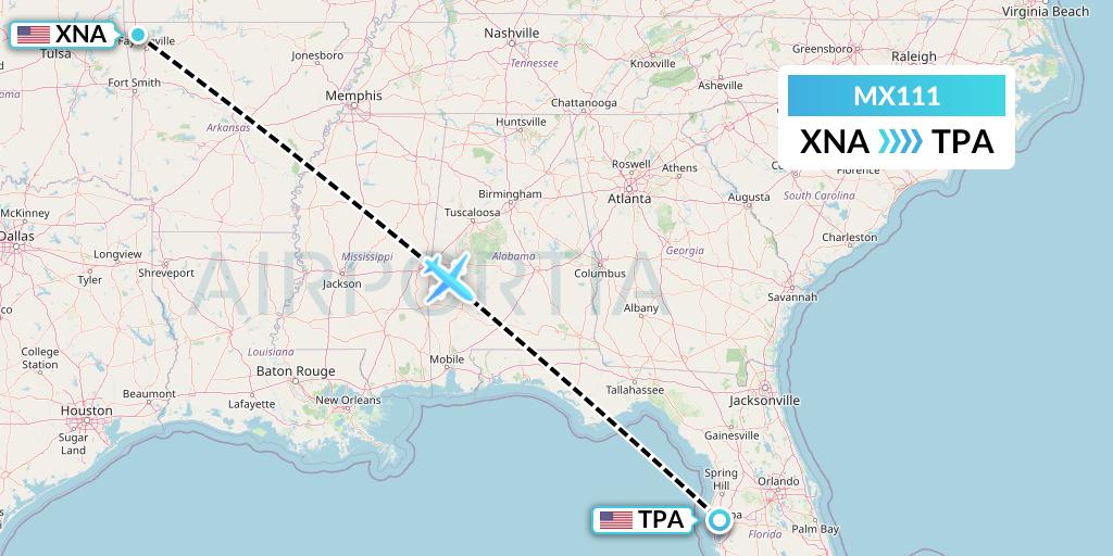 MX111 Breeze Airways Flight Map: Bentonville to Tampa