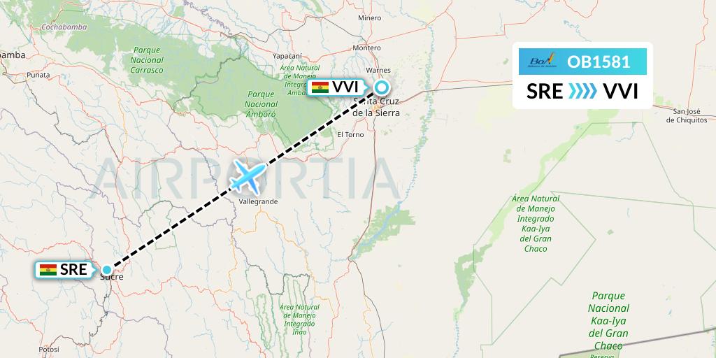 OB1581 Boliviana de Aviacion Flight Map: Sucre to Santa Cruz