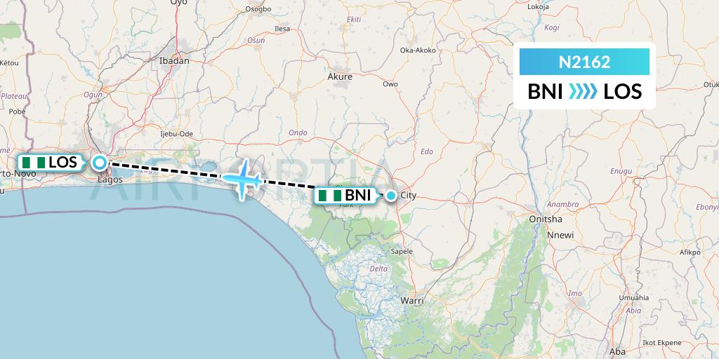 N2162 Aero Contractors Company Of Nigeria Flight Map: Benin to Lagos