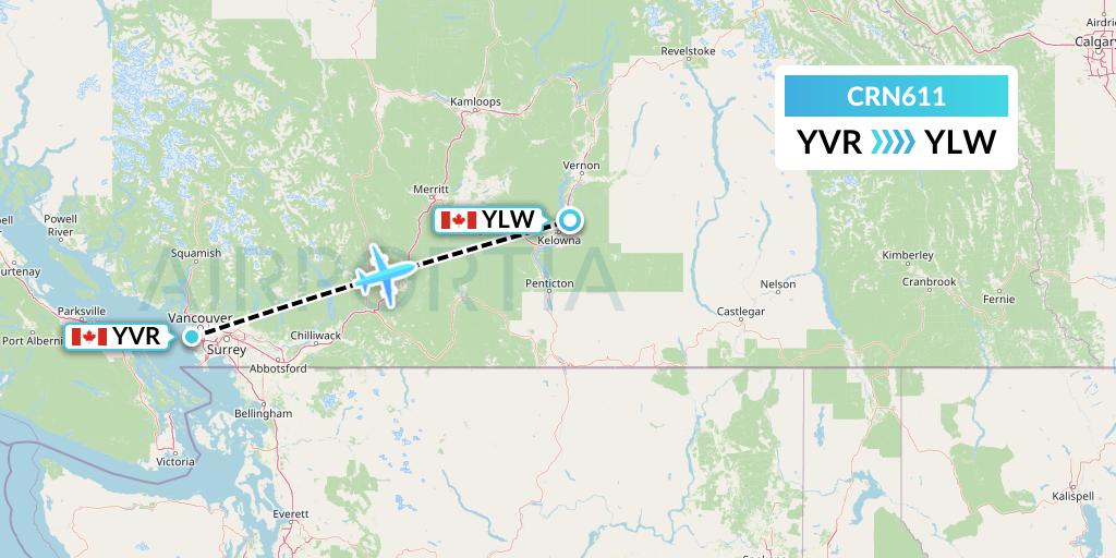 CRN611 Aerocaribbean Flight Map: Vancouver to Kelowna