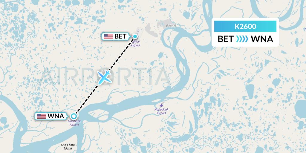 K2600 Yute Commuter Service Flight Map: Bethel to Napakiak