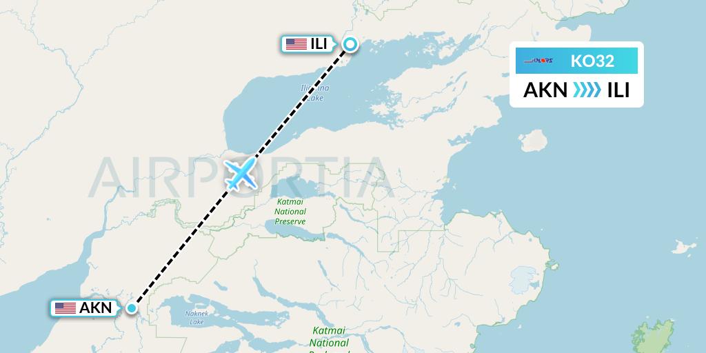 KO32 Komiaviatrans Flight Map: King Salmon to Iliamna