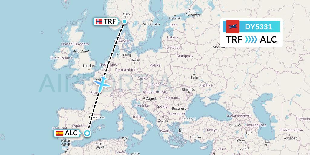 DY5331 Norwegian Flight Map: Oslo to Alicante