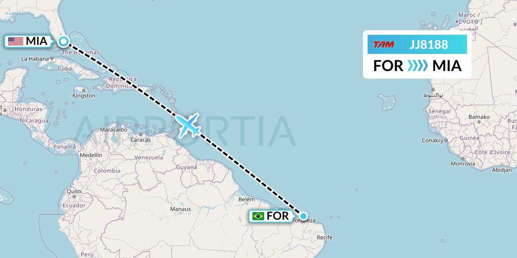 JJ8188 TAM Linhas Aereas Flight Map: Fortaleza to Miami