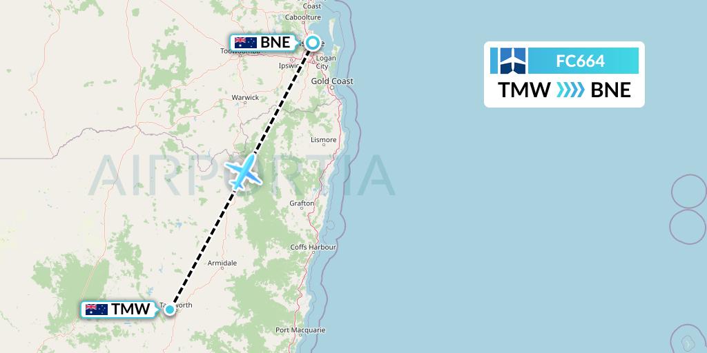 FC664 Fly Corporate Flight Map: Tamworth to Brisbane