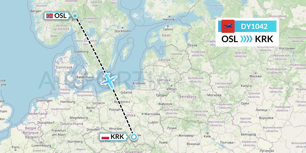DY1042 Norwegian Flight Map: Oslo to Krakow