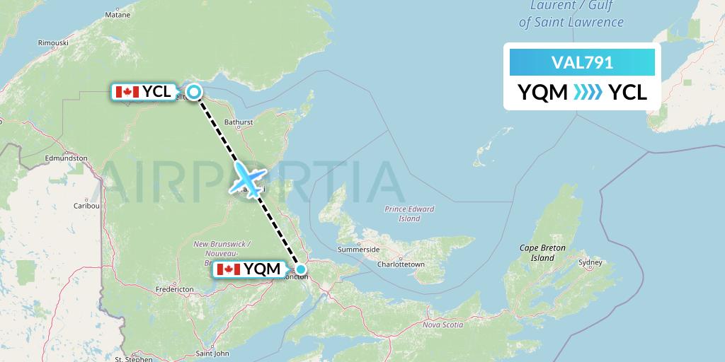 VAL791 Voyageur Airlines Flight Map: Moncton to Charlo