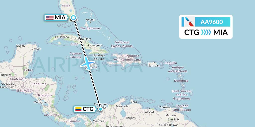 AA9600 American Airlines Flight Map: Cartagena to Miami