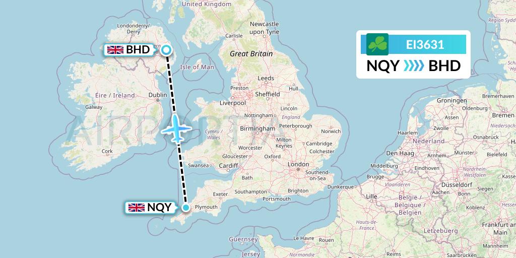 EI3631 Aer Lingus Flight Map: Newquay to Belfast