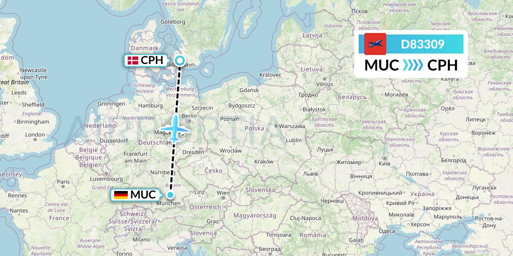 D83309 Norwegian Air International Flight Map: Munich to Copenhagen