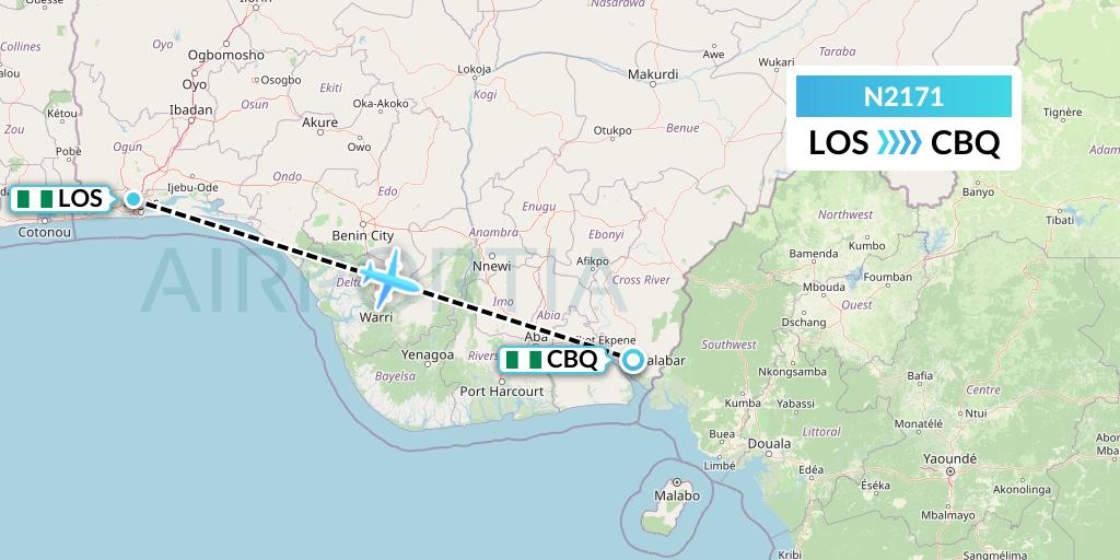 N2171 Aero Contractors Company Of Nigeria Flight Map: Lagos to Calabar