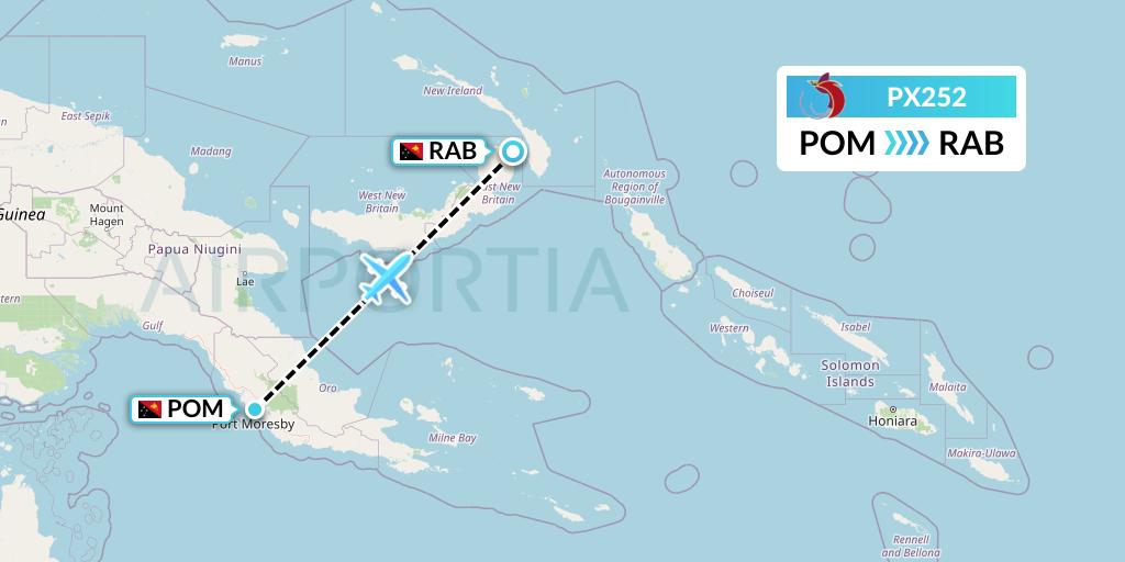 PX252 Air Niugini Flight Map: Port Moresby to Tokua