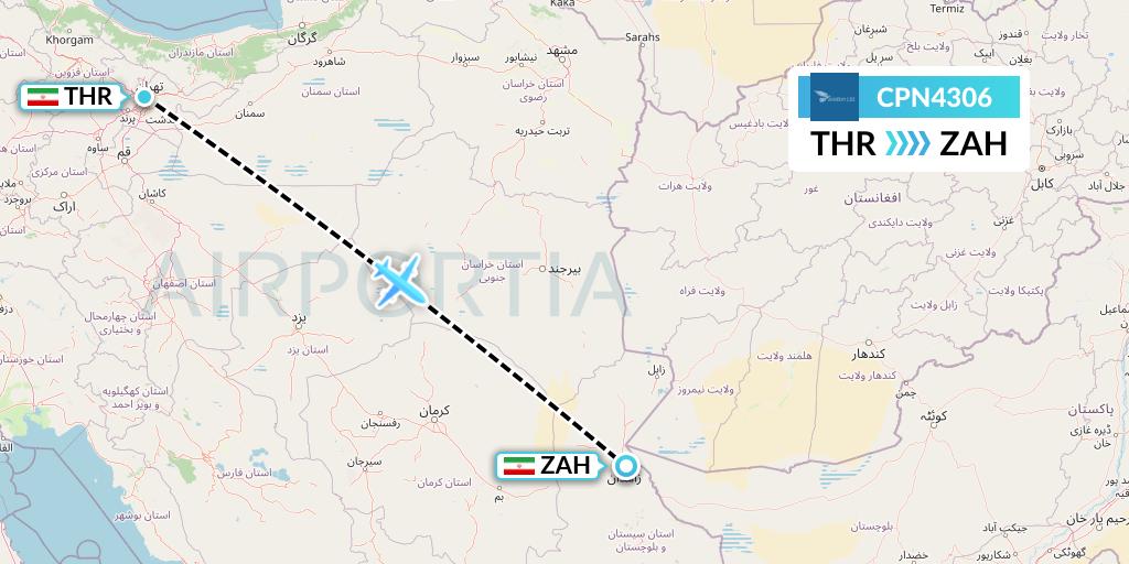 CPN4306 Caspian Airlines Flight Map: Tehran to Zahedan