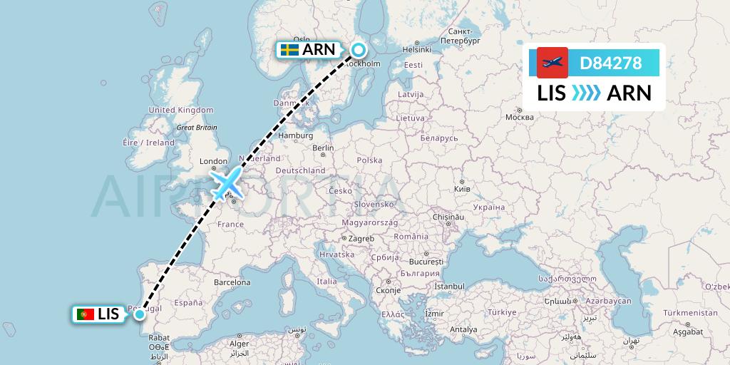 D84278 Norwegian Air International Flight Map: Lisbon to Stockholm