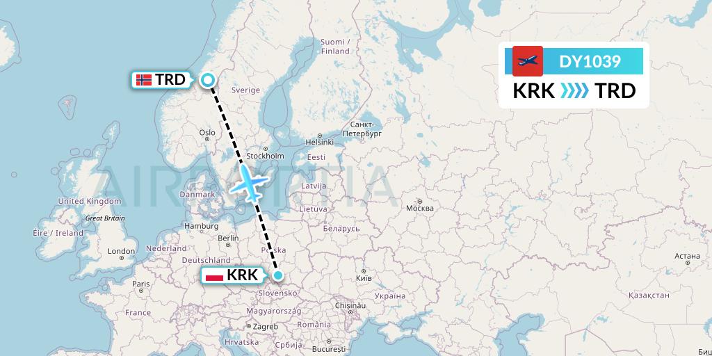 DY1039 Norwegian Flight Map: Krakow to Trondheim