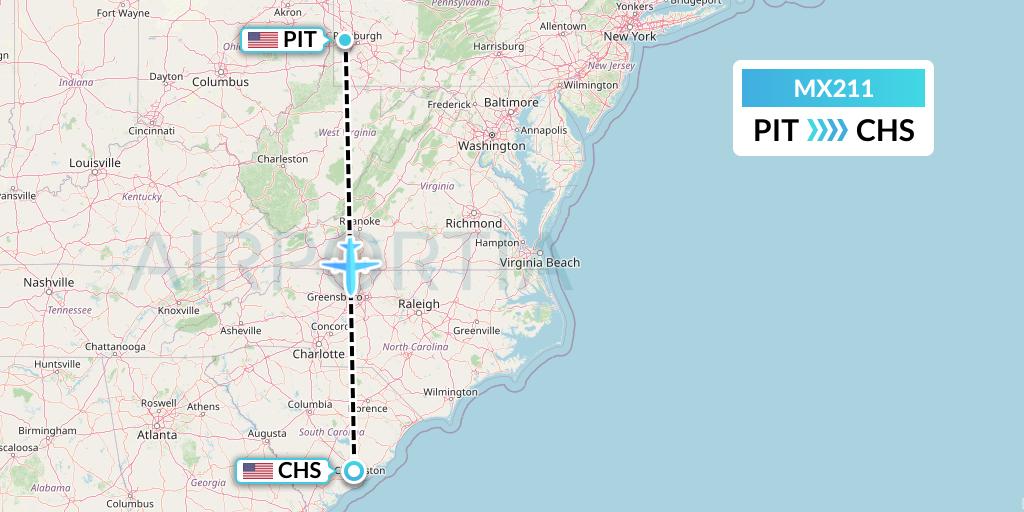 MX211 Breeze Airways Flight Map: Pittsburgh to Charleston