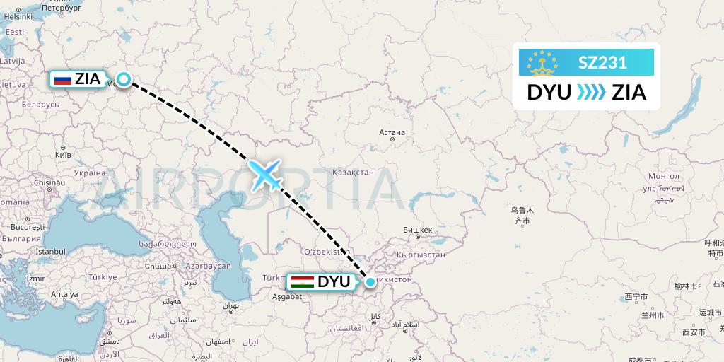 SZ231 Somon Air Flight Map: Dushanbe to Moscow