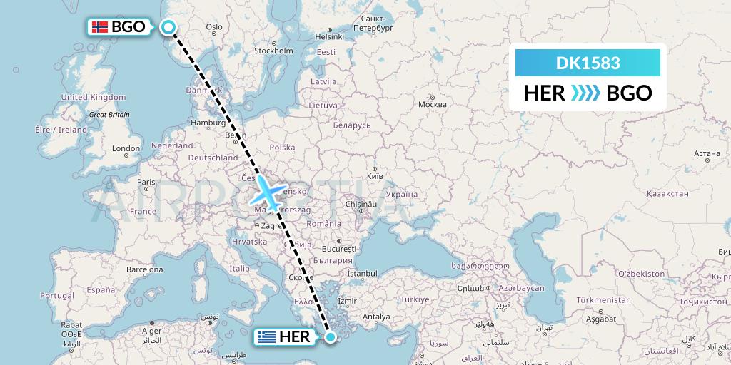 DK1583 Thomas Cook Airlines Scandinavia Flight Map: Heraklion to Bergen