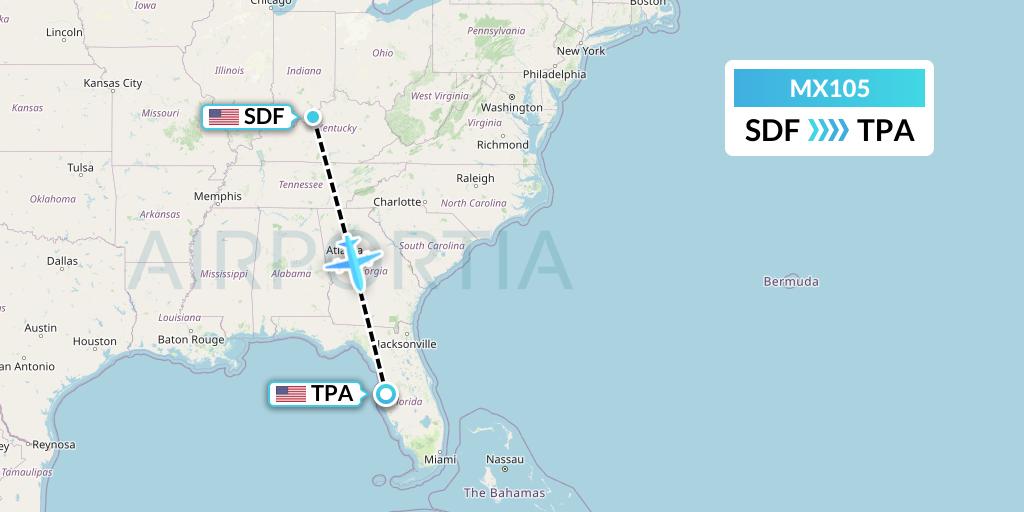 MX105 Breeze Airways Flight Map: Louisville to Tampa