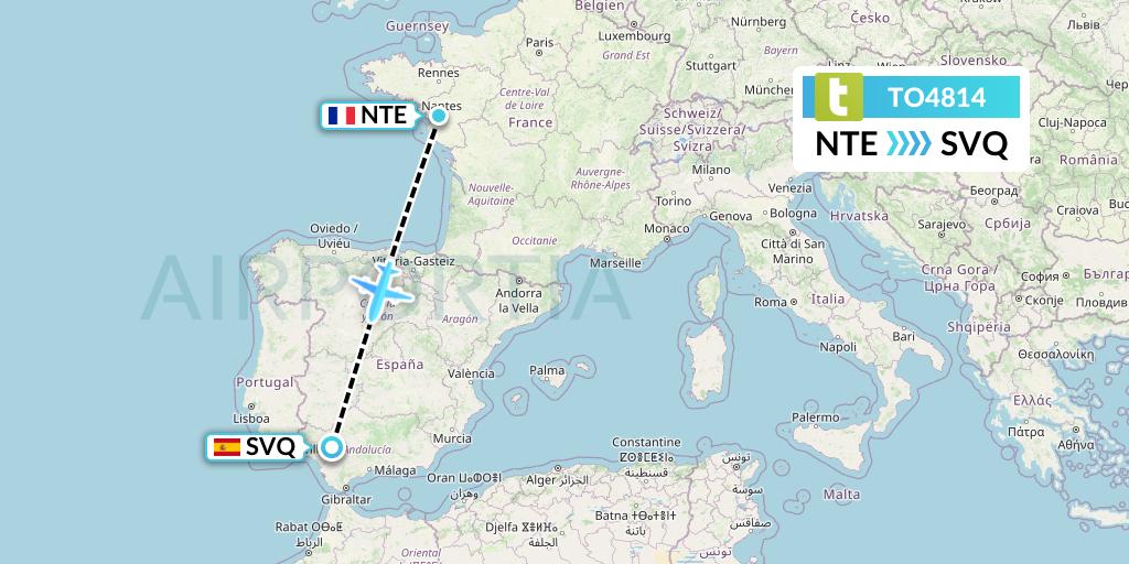 TO4814 Transavia France Flight Map: Nantes to Seville
