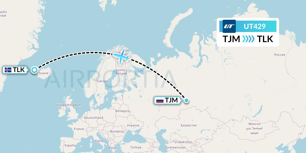 UT429 UTair Flight Map: Tyumen to Talknafjordur