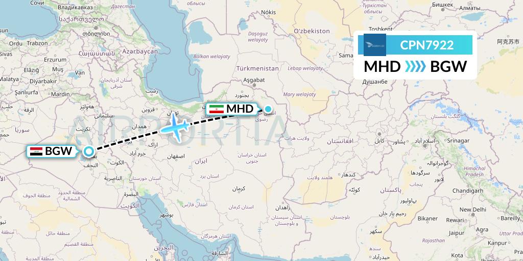 CPN7922 Caspian Airlines Flight Map: Mashhad to Baghdad