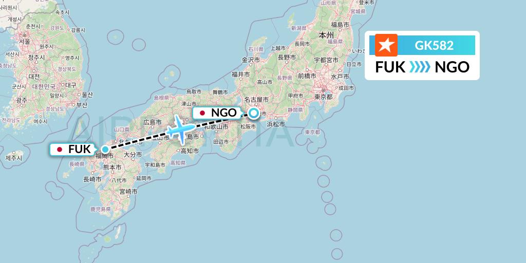 GK582 JetStar Japan Flight Map: Fukuoka to Nagoya