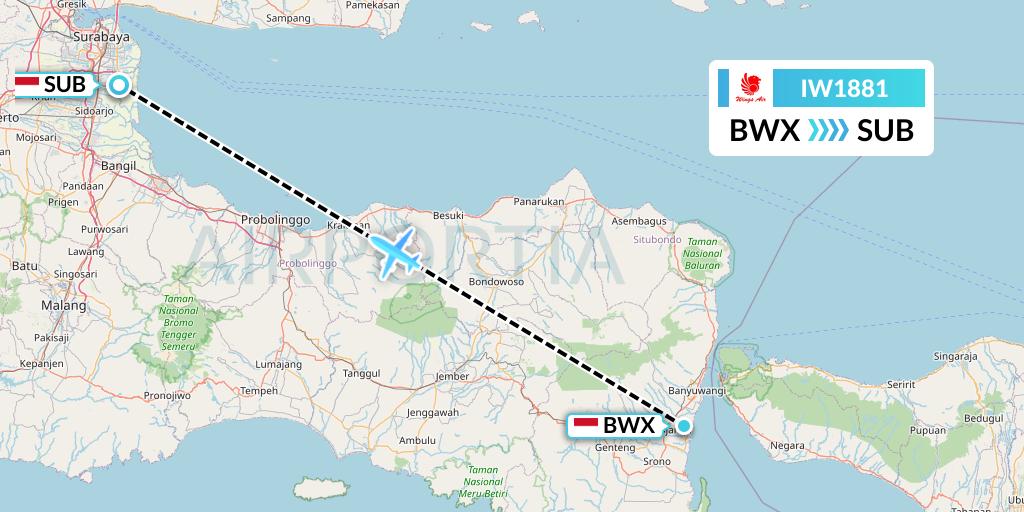 IW1881 Wings Air Flight Map: Blimbingsari to Surabaya