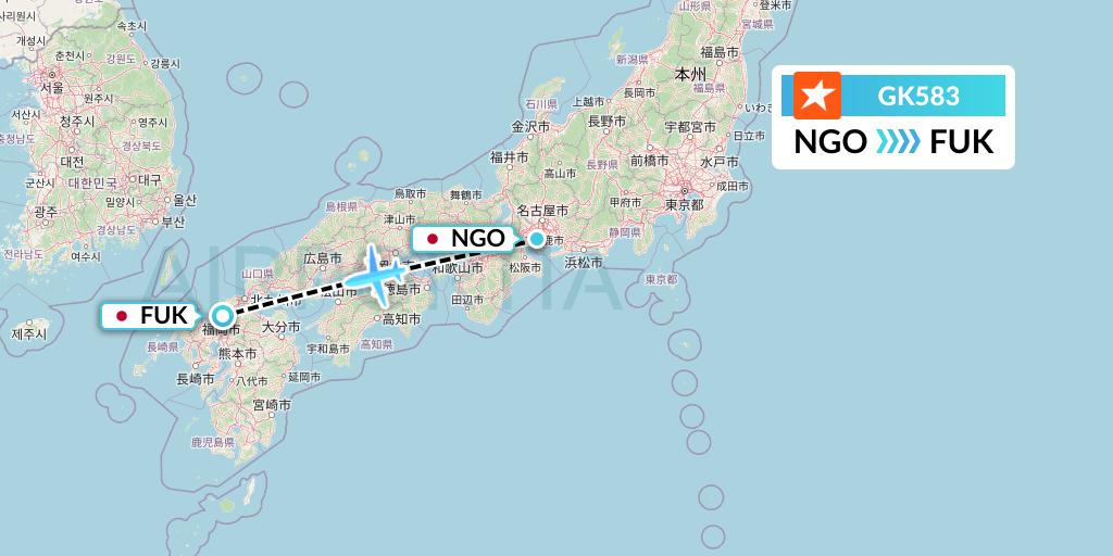 GK583 JetStar Japan Flight Map: Nagoya to Fukuoka