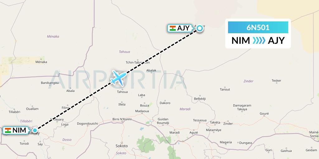 6N501 Niger Airlines Flight Map: Niamey to Agadez