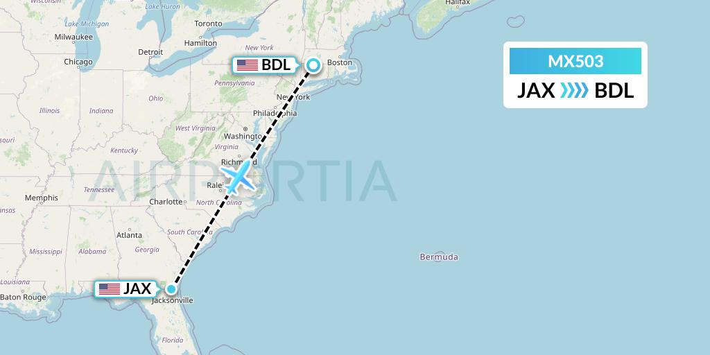 MX503 Breeze Airways Flight Map: Jacksonville to Windsor Locks