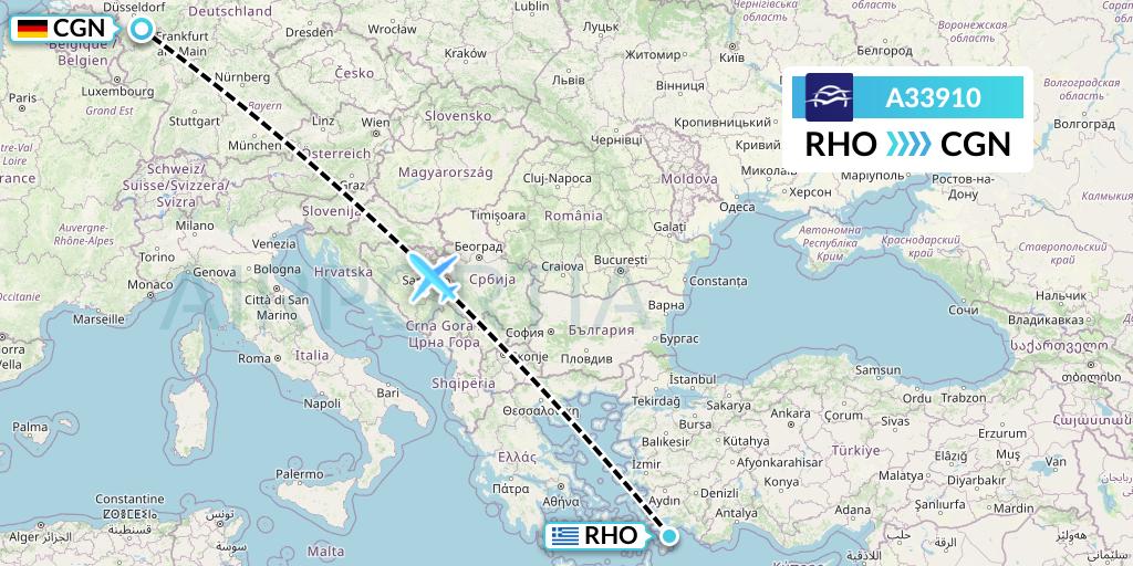 A33910 Aegean Airlines Flight Map: Rhodes to Cologne
