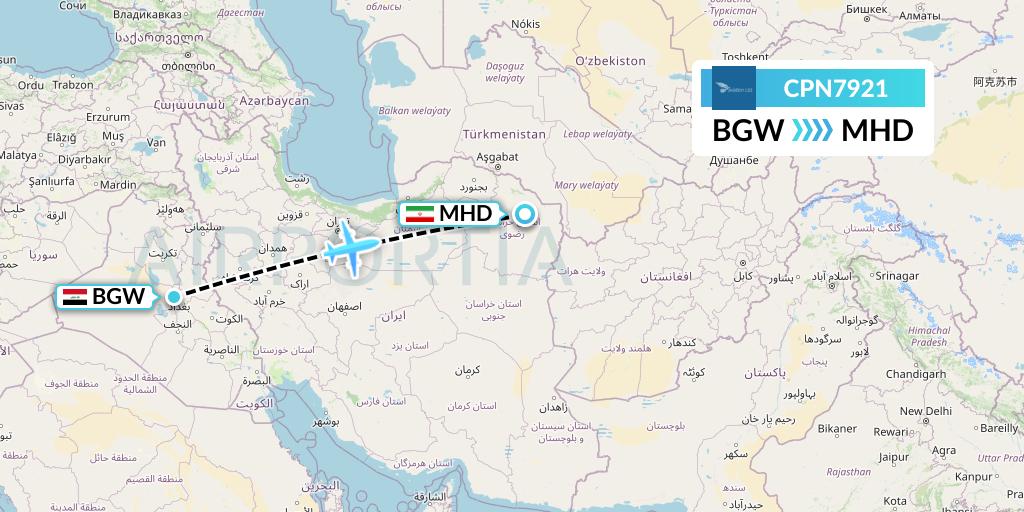 CPN7921 Caspian Airlines Flight Map: Baghdad to Mashhad