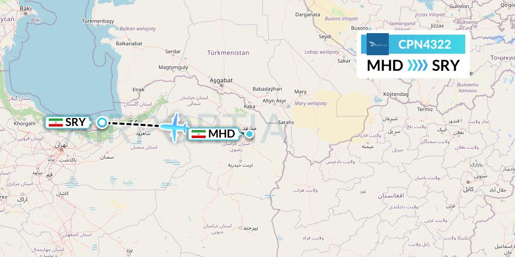 CPN4322 Caspian Airlines Flight Map: Mashhad to Sari